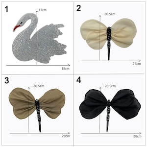 May include: Four iron-on patches, two butterfly and two swan designs. The swan patch is silver with rhinestones, 17 inches tall and 18 inches wide. The butterfly patches are 20.5 inches tall and 28 inches wide. One butterfly is beige, and the other is black.