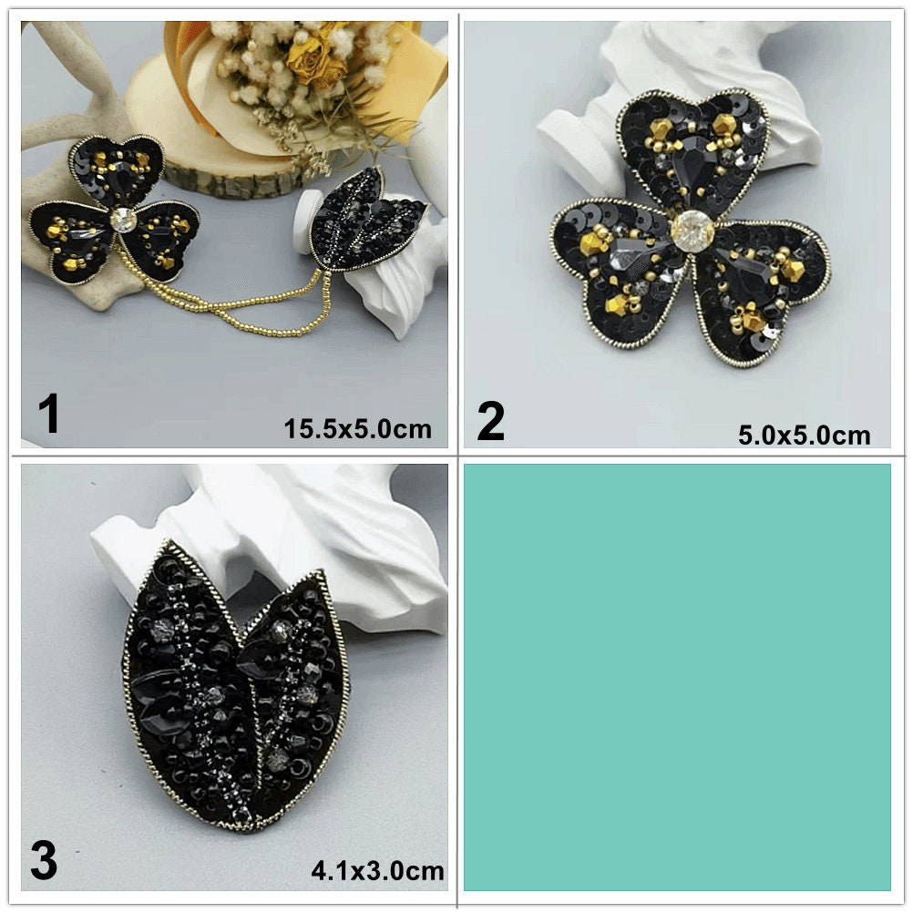 Black Flower Patches/ Black Sequin Flower Applique Elegant Updated Vintage  Beads and Sequins Black Flower Applique Iron on Backing 