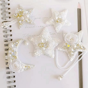 Crystal Sequins Beaded White Star Moon Applique cloth DIY badge Craft decorative Party cloth handbag accessory supply