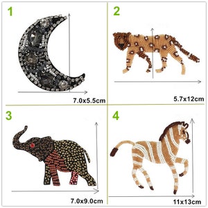 May include: Four beaded iron-on patches featuring a crescent moon, a leopard, an elephant, and a zebra. The patches are approximately 7.0 x 5.5 cm, 5.7 x 12 cm, 7.0 x 9.0 cm, and 11 x 13 cm.