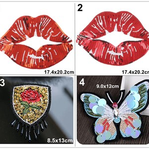 May include: Four iron-on patches for clothing or accessories. The patches are made of sequins and beads. The patches include a red lip design, a rose design, a butterfly design, and another red lip design. The patches are approximately 17.4 x 20.2 cm, 8.5 x 13 cm, 9.0 x 12 cm, and 17.4 x 20.2 cm.