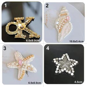 Appliques en cristal perlé : serpent, lettre, étoile de mer, conque, étoile - Pièce à coudre