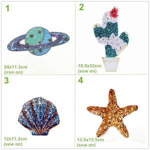 Könnte beinhalten: Vier Bügelbilder und Nähbilder mit einem Planeten mit Ringen, einem Kaktus, einer Muschel und einem Seestern. Die Patches sind aus Pailletten gefertigt und in verschiedenen Farben erhältlich.