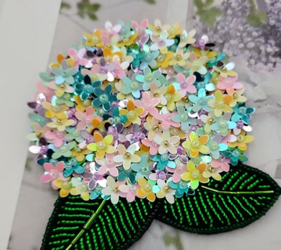 Sequins Beaded 9cm Hydrangea Flower Appliques Cloth Patch DIY