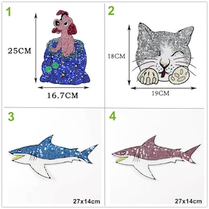 May include: Four iron-on patches featuring a cartoon dog in a blue and white star-patterned bag, a grey cat with white markings, and two blue and pink sharks. The patches are approximately 16.7 cm x 25 cm, 19 cm x 18 cm, and 27 cm x 14 cm.