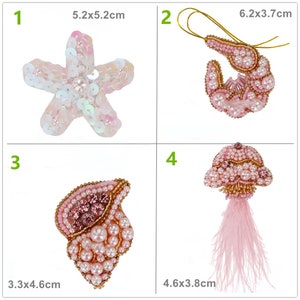 May include: Four pink and white beaded embellishments with gold accents. The first is a starfish, the second is a shrimp, the third is a seashell, and the fourth is a mushroom with a pink feather. The measurements are listed in centimeters.
