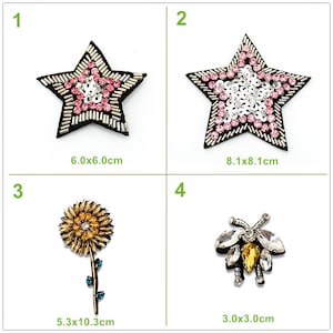 May include: Four embroidered iron-on patches. The first patch is a pink and silver star measuring 6.0x6.0 inches. The second patch is a silver and pink star measuring 8.1x8.1 inches. The third patch is a yellow flower with a green stem measuring 5.3x10.3 inches. The fourth patch is a yellow and silver bee measuring 3.0x3.0 inches.