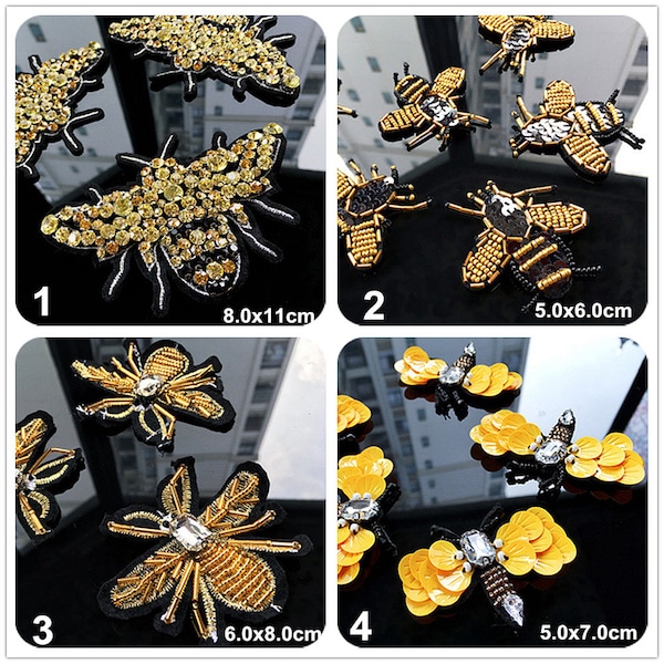 Crystal Beaded Yellow Gold Bee Dragonfly Appliques Beaded Sew on cloth patch DIY garment accessories decorative cloth Sale