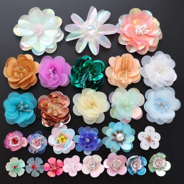2.0cm to 5.5cm Sequin Crystal Beaded mix flower Applique sew on cloth patch DIY garment accessory decora cloth wholesale