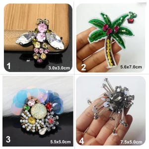 May include: Four different embroidered patches, each with a unique design. The first patch is a bee with pink and yellow accents, measuring 3.0x3.0 inches. The second patch is a palm tree with green leaves and red fruit, measuring 5.6x7.0 inches. The third patch is a colorful floral design with sequins and beads, measuring 5.5x5.0 inches. The fourth patch is a silver and black design with a large crystal in the center, measuring 7.5x5.0 inches.