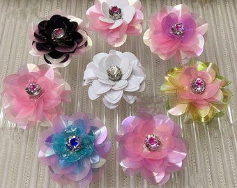 4cm Sequins Crystal Beaded Flower Applique cloth DIY Brooch badge Craft decorative Party cloth handbag accessory Craft supply