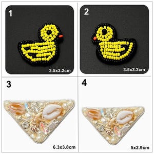 May include: Four iron-on patches, two yellow rubber ducky designs measuring 3.5 x 3.2 inches, and two triangular shell designs measuring 6.3 x 3.8 inches and 5 x 2.9 inches.
