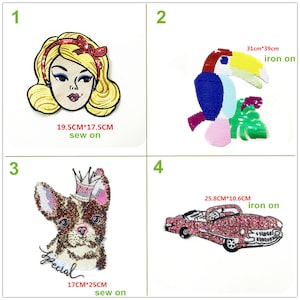 May include: Four iron-on and sew-on patches featuring a cartoon woman, a toucan, a dog, and a car. The patches are made of colorful sequins and beads. The woman patch is 7.7 inches by 6.9 inches and says "sew on". The toucan patch is 12.2 inches by 15.3 inches and says "iron on". The dog patch is 6.7 inches by 9.8 inches and says "sew on". The car patch is 10.2 inches by 4.2 inches and says "iron on".