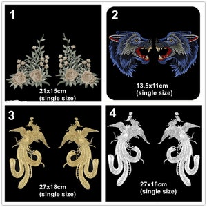 May include: Four embroidered patches, two floral designs, two wolf heads, and two phoenixes. The floral patches are 21 x 15 inches, the wolf heads are 13.5 x 11 inches, and the phoenixes are 27 x 18 inches.