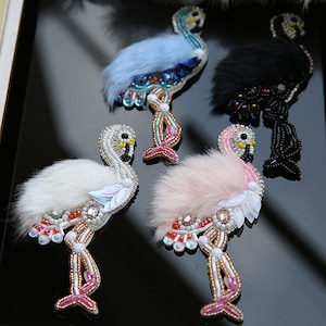 5.0x12cm Sequins Beaded Fabric Plush Red-crowned crane Bird Applique Animal Flamingo cloth patch DIY badge Craft decorative cloth handbag