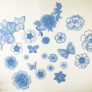 Fabric Lace Embroidery Blue Flower Butterfly Applique Sew on cloth Patch DIY Jacket decorative cloth handbag accessory supply