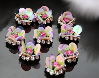 2.5cm Crystal glitter Beaded Flower Applique cloth DIY Brooch badge Craft decorative Party cloth hair bag accessory supply