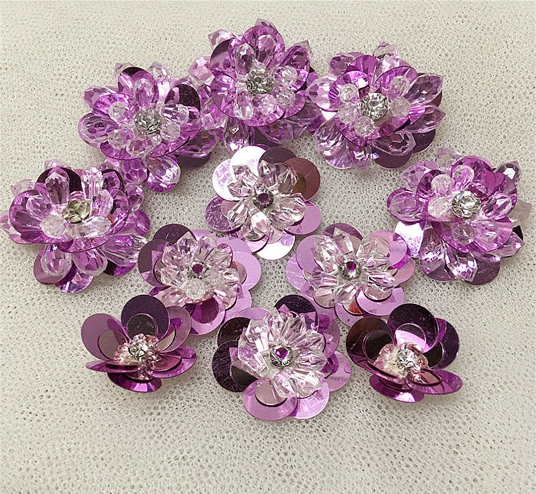 Sequins Crystal Beaded Purple Flower Applique Cloth DIY Brooch Etsy