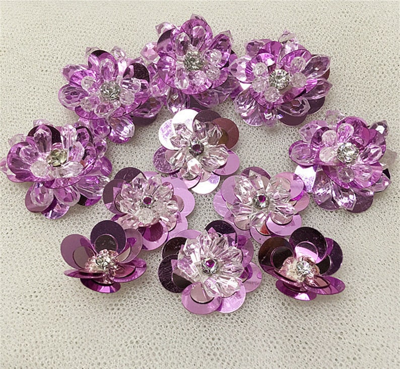 Sequins Crystal Beaded Purple Flower Applique Cloth DIY Brooch Etsy
