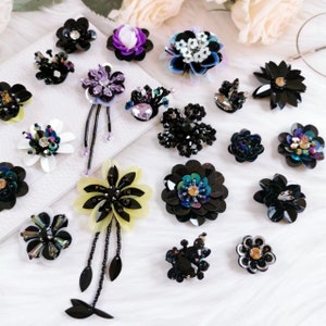 Sequins Crystal Beaded Flower Black Applique cloth DIY Brooch badge Craft decorative Party cloth handbag accessory Craft supply