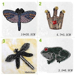 Parche genial con apliques de libélula, mariposa, corona y príncipe rana con cuentas de purpurina de cristal
