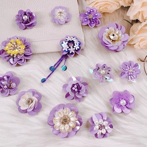 Sequins Crystal Beaded Purple Flower Applique cloth DIY Brooch badge Craft decorative Party cloth handbag accessory Craft supply