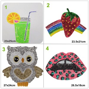 May include: Four iron-on patches with sequin embellishments. The patches are a glass of lemonade, a strawberry with a rainbow, an owl, and a pair of lips with a leopard print. The patches are approximately 23x25cm, 23.5x21cm, 27x24cm, and 26.5x18cm.