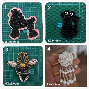 May include: Four embroidered patches on a green grid background. The patches are a black poodle, a black cat, a black and gold unicorn, and a white pearl flower with a pearl tassel. The patches are labeled with numbers 1 through 4 and their dimensions in inches.