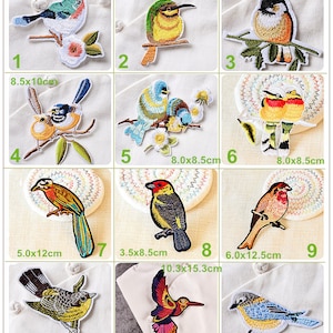 May include: A collection of twelve embroidered bird patches in various colors and designs. Each patch features a different bird perched on a branch or in flight, with detailed stitching and vibrant hues. Sizes vary, with the largest being approximately 4.1 x 6 inches.