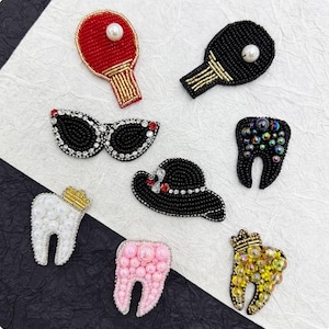 Kristall Perlen Stoff Hut Brille Zähne Applikation Ping Pong Board Tuch Aufnäher DIY Jacke dekoratives Tuch Handtasche Accessoire