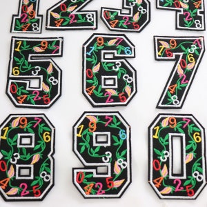 May include: Ten iron-on patches featuring the numbers 1 through 10. Each number is black with white outlines and has a floral design with colorful flowers and vines.