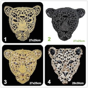 May include: Four different sequin leopard face patches. The patches are 27x25cm or 29x30cm. The patches are gold, black, gold and black, and white and gold.