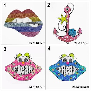 May include: Four iron-on patches with a sparkly, sequined finish. The patches feature a rainbow-colored mouth, an anchor with a seashell and starfish, and two cartoon mouths with the word "Freak" inside. The patches are approximately 25.7 x 18.2 cm and 29 x 19.5 cm.