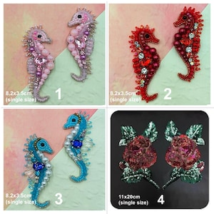 May include: Four embroidered iron-on patches. Two are seahorse designs in pink, red, and blue. Two are red rose designs with green leaves. The patches are 8.2 x 3.5 cm and 11 x 20 cm.
