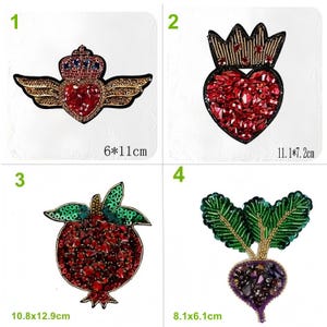 Crystal Beaded Sew-On Applique: Heart, Crown, Pomegranate, Radish Cloth Patch