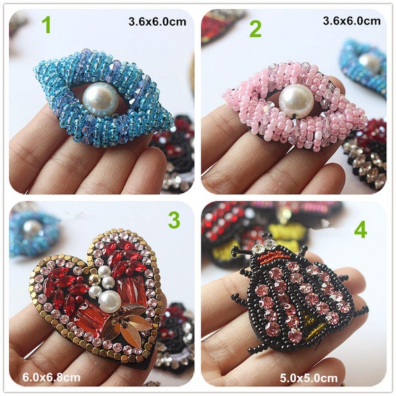 Pearl Beaded Pink Blue Sexy Lip Heart Ladybug Applique Lips  display picture 3