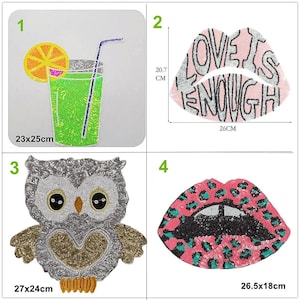 May include: Four sequin patches: a green drink with an orange slice and straw measuring 23x25cm, lips with the text LOVE IS ENOUGH measuring 20.7x26cm, a silver and gold owl measuring 27x24cm, and pink, black, and teal leopard print lips measuring 26.5x18cm.