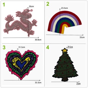 May include: Four embroidered iron-on patches. A pink dragon patch measuring 26 cm by 30.8 cm. A rainbow patch measuring 23.5 cm by 35 cm. A heart patch measuring 31.5 cm by 35.5 cm. A green Christmas tree patch measuring 29.5 cm by 23 cm.