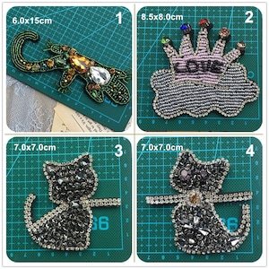Puede incluir: Cuatro parches termoadhesivos para ropa o accesorios. Los parches están hechos de pedrería y cuentas. Los parches tienen forma de lagarto, nube con corona y dos gatos. Los parches están sobre una estera de corte verde con medidas en centímetros.
