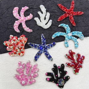 Crystal Pearl Beaded Sea Star Coral Applique cloth Patch DIY Animal badge Craft decorative Party cloth handbag accessory supply