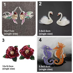 May include: Four pairs of decorative patches. Includes two hummingbird patches, each 6.3 x 6.7 inches. Two swan patches, each 1.4 x 1.4 inches. Two flower patches, each 4.7 x 4.1 inches. Two seahorse patches, each 2.2 x 1.2 inches.