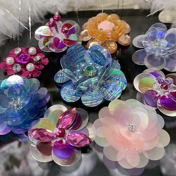 Sequins Crystal Beaded Flower Applique cloth DIY Brooch badge Craft decorative Party cloth handbag accessory Craft supply