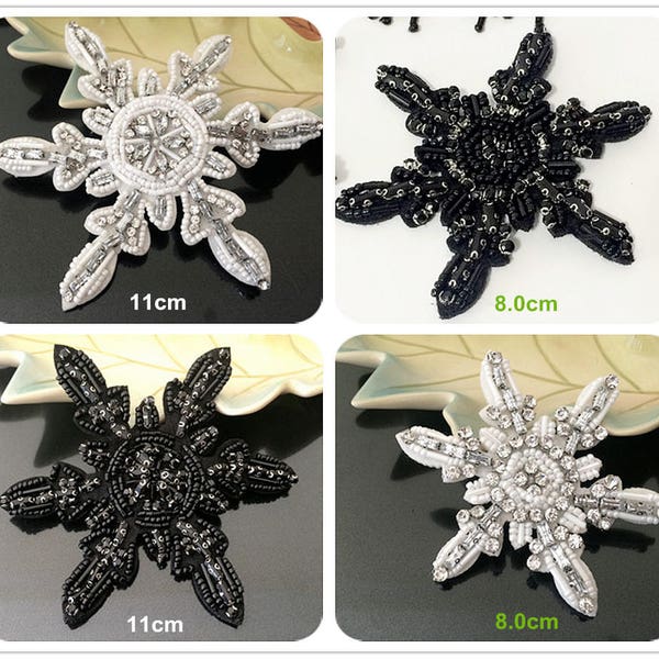 Black White Crystal Beaded Snow Flake Applique snowflake cloth patch DIY garment accessories decorative Sequin cloth