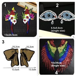 May include: Four iron-on patches for clothing. The first patch is a pair of colorful parrots with floral accents, measuring 13 inches by 24.5 inches. The second patch is a pair of blue eyes with rhinestones and teardrop accents, measuring 6.5 cm by 5 cm. The third patch is a pair of brown bows, measuring 16.2 cm by 13.5 cm. The fourth patch is a pair of rainbow wings with sequins, measuring 15 cm by 34 cm.