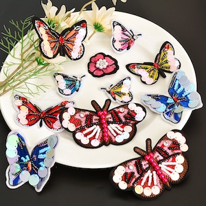 Sequins Beaded Fabric Insect butterfly Flower Applique cloth patch DIY badge Craft decorative cloth handbag accessory supply
