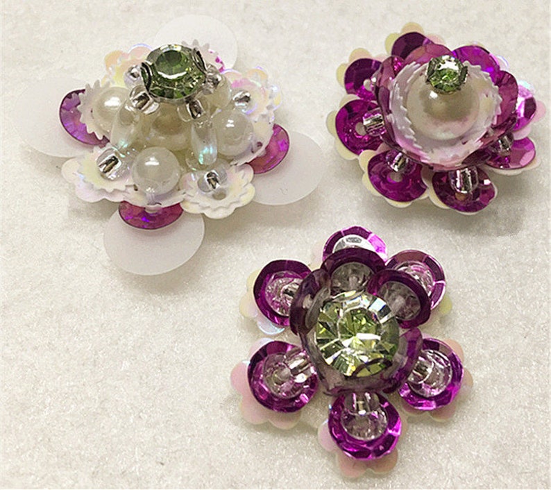 Sequins Crystal Pearl Beaded Purple Flower Applique cloth DIY Brooch badge Craft decorative Party cloth handbag accessory Craft supply