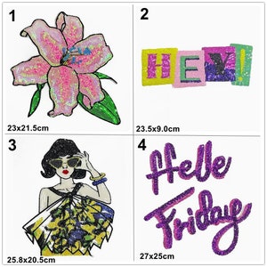 Apliques de lentejuelas con cuentas de flor de lirio y letras para niña, parche de tela DIY para chaqueta, vestido decorativo, parche de tela, suministro de accesorios para bolso
