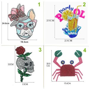 Apliques de tela con lentejuelas, diseño de flor, calavera, perro y cangrejo, para bebida de limón, parche, accesorios de bricolaje para prendas de vestir, chaqueta de tela