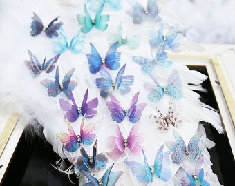 Crystal Transparent double layer gauze dream color butterfly Applique cloth sew on DIY wedding Craft decorative Party cloth hair bag supply