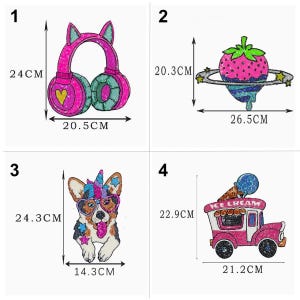 Puede incluir: Cuatro parches termoadhesivos coloridos. El primero es un auricular rosa con orejas de gato, 24 cm de alto y 20,5 cm de ancho. El segundo es un planeta fresa, 20,3 cm de alto y 26,5 cm de ancho. El tercero es un corgi con gafas y cuerno de unicornio, 24,3 cm de alto y 14,3 cm de ancho. El cuarto es un camión de helados, 22,9 cm de alto y 21,2 cm de ancho.